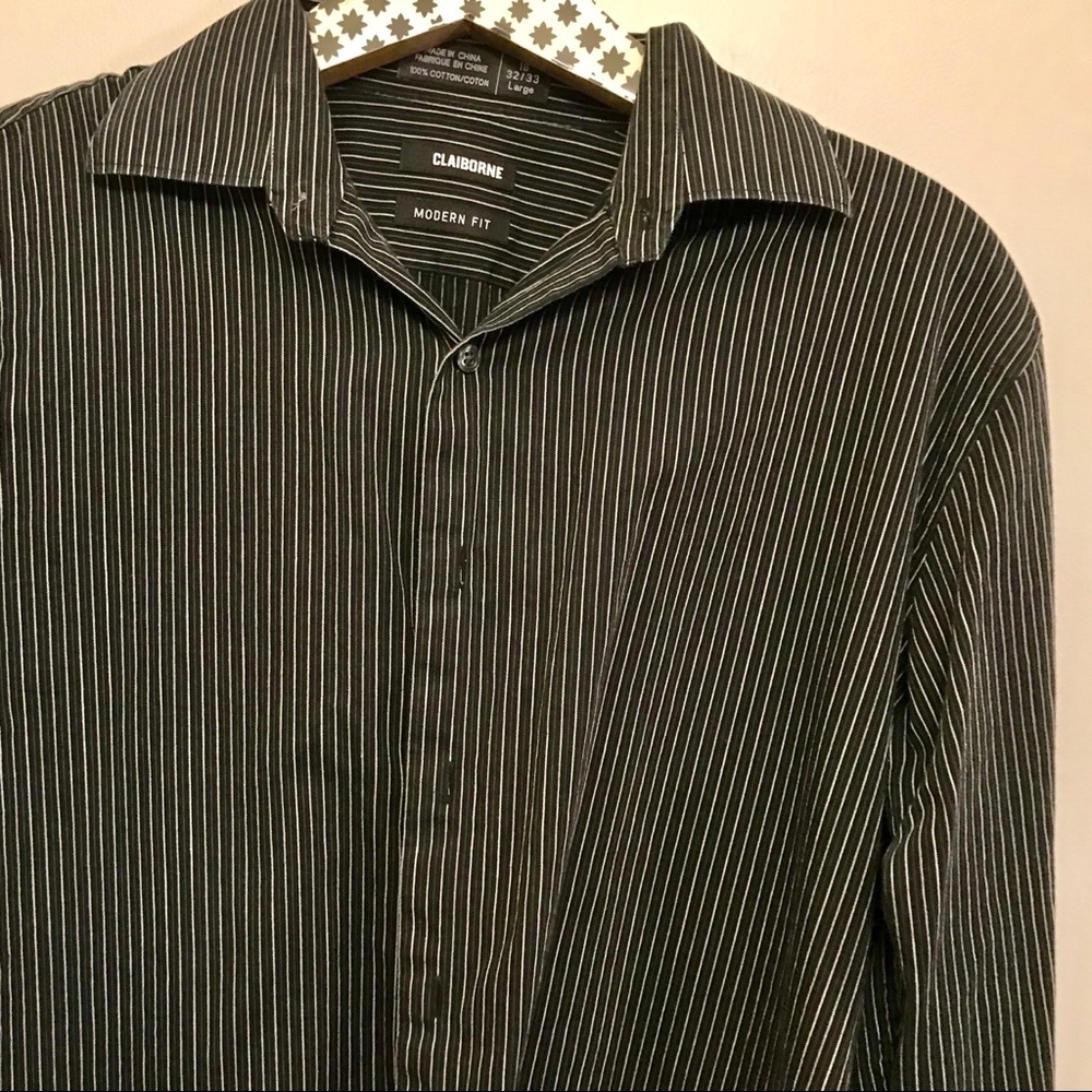 Claiborne (L) : modern fit : black+pinstripe shirt
